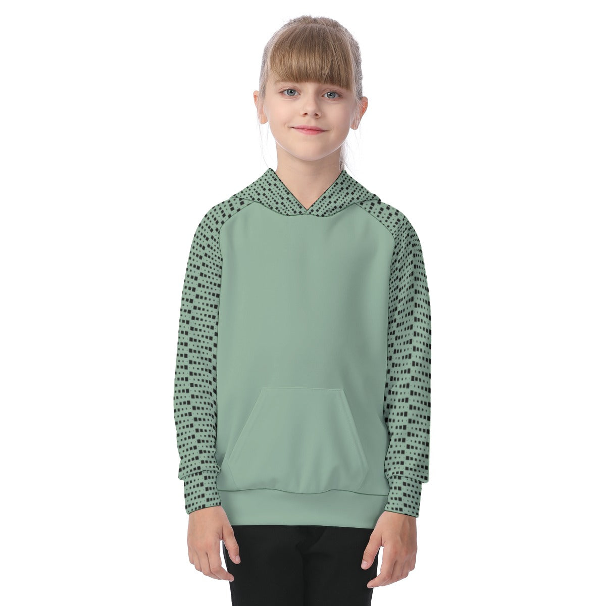 Geometric Pattern Green Girls' Athletic Hoodie Set