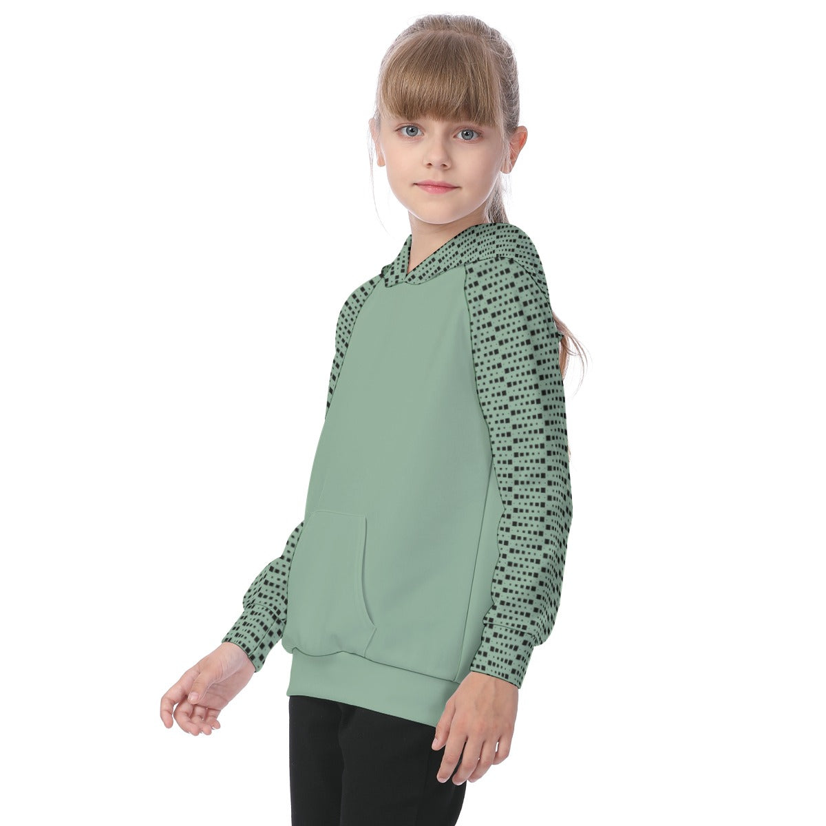 Geometric Pattern Green Girls' Athletic Hoodie Set