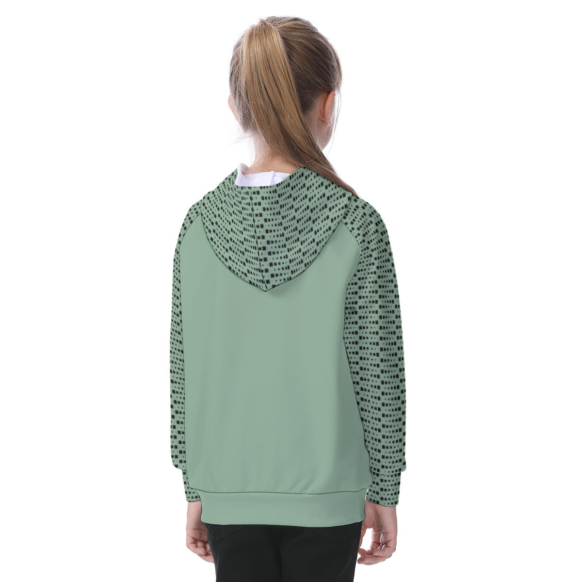 Geometric Pattern Green Girls' Athletic Hoodie Set