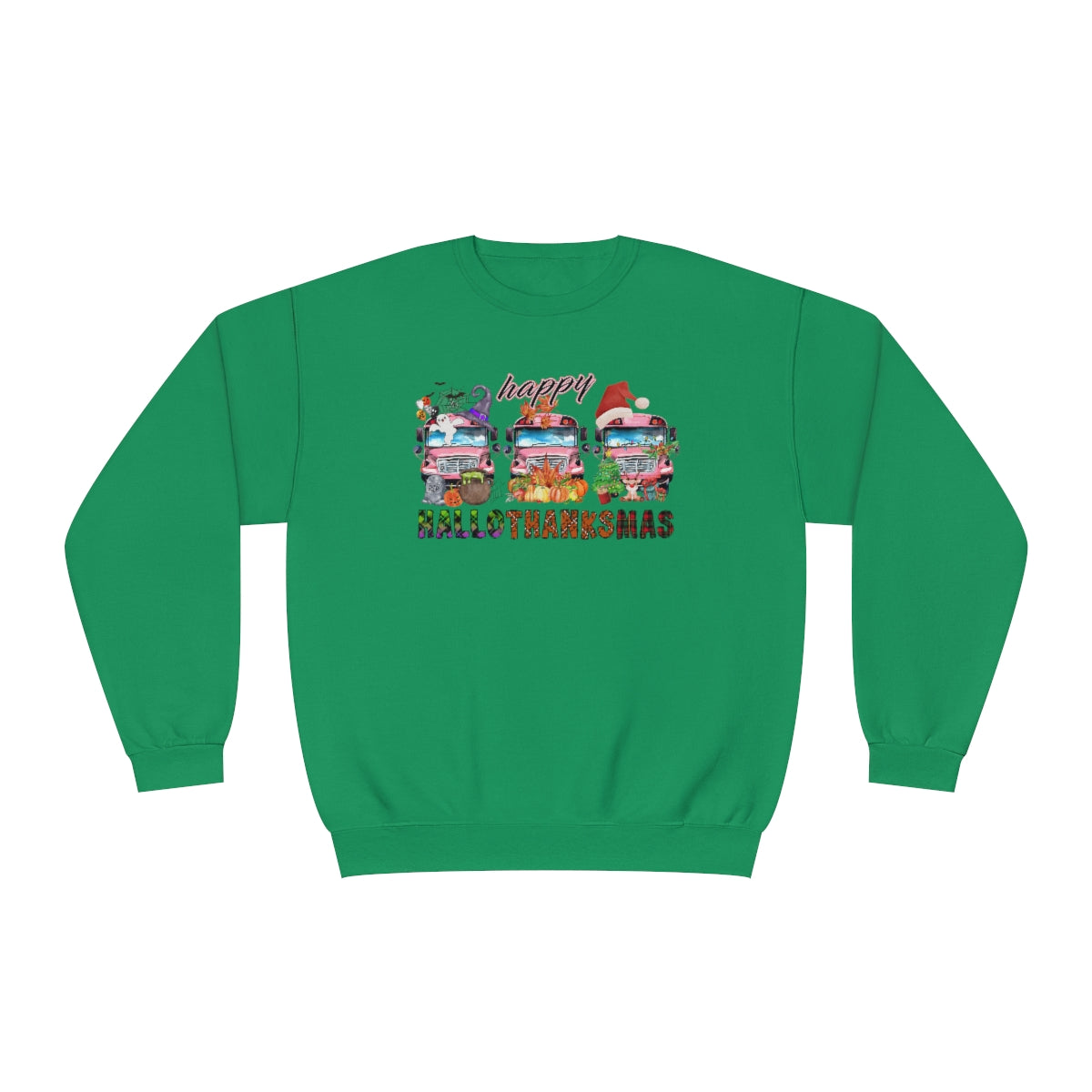 HalloThanksMas - School Bus - Halloween, Thanksgiving, Christmas Teacher Sweatshirt - Sizes S - 3XL