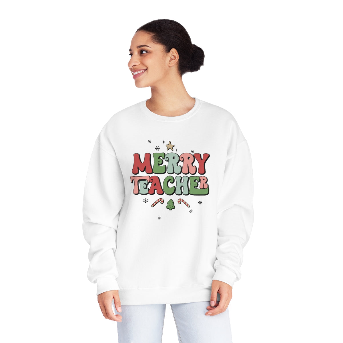 Merry Teacher Hippy Text - Christmas NuBlend® Crewneck Sweatshirt - Size S - 3XL