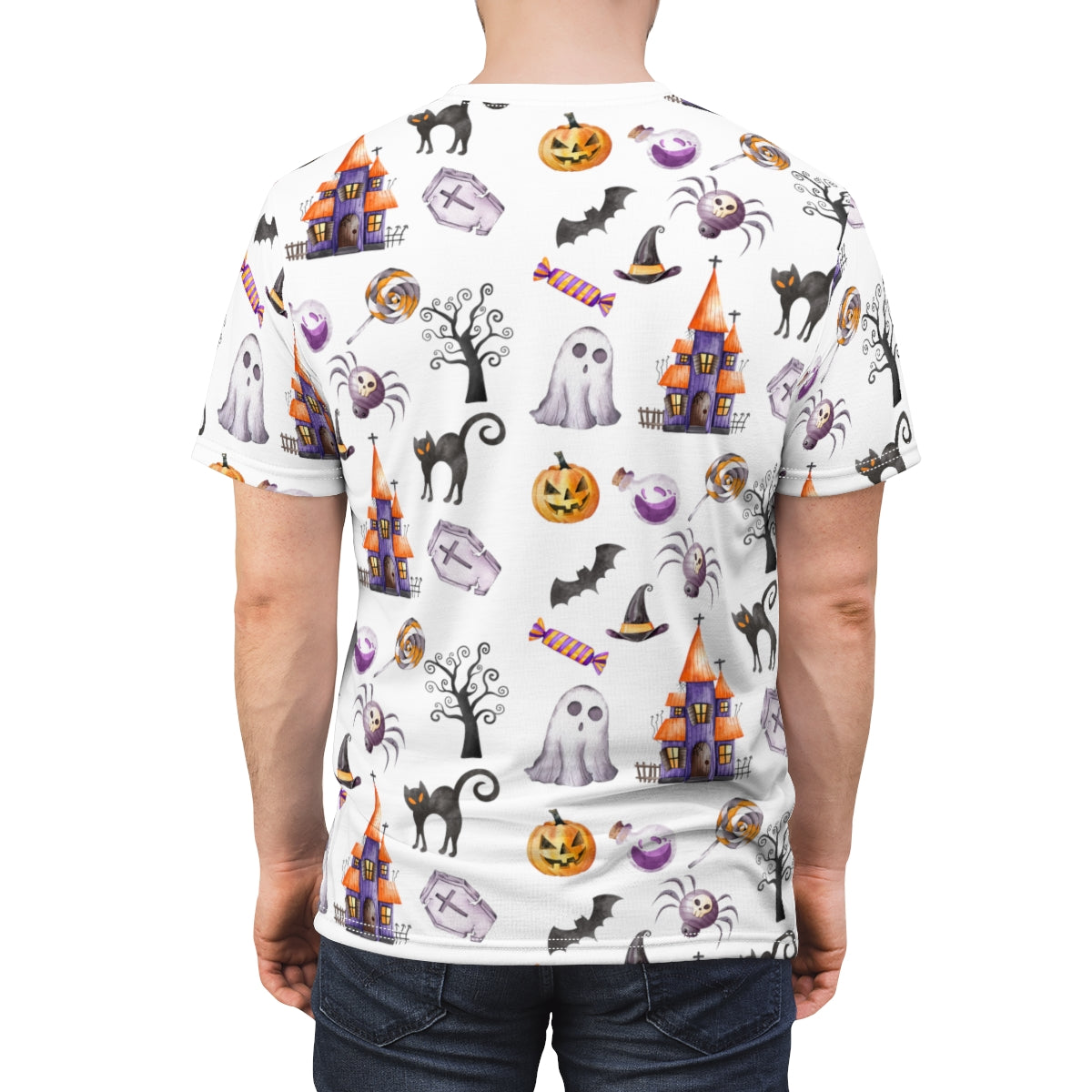 Halloween Pattern All Over Print Shirt | Watercolor Halloween | Spooky Halloween Shirt | Unisex AOP Shirt | Ghost Shirt | Skeleton Shirt