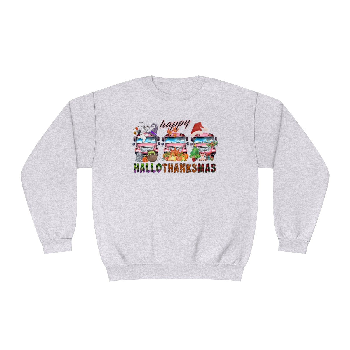 HalloThanksMas - School Bus - Halloween, Thanksgiving, Christmas Teacher Sweatshirt - Sizes S - 3XL