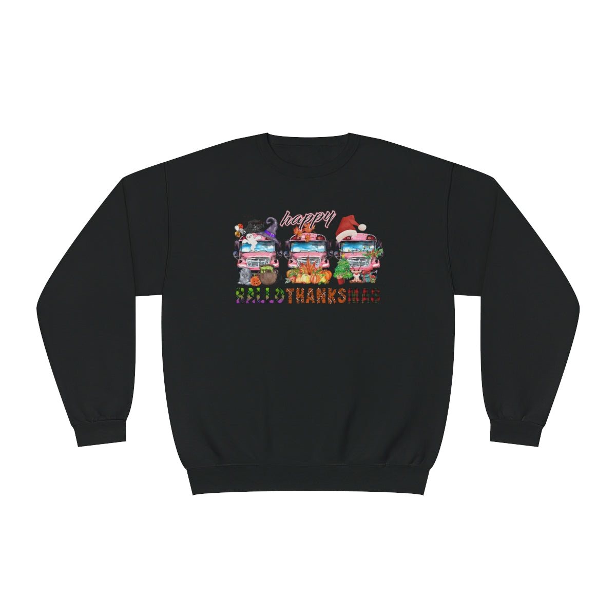 HalloThanksMas - School Bus - Halloween, Thanksgiving, Christmas Teacher Sweatshirt - Sizes S - 3XL