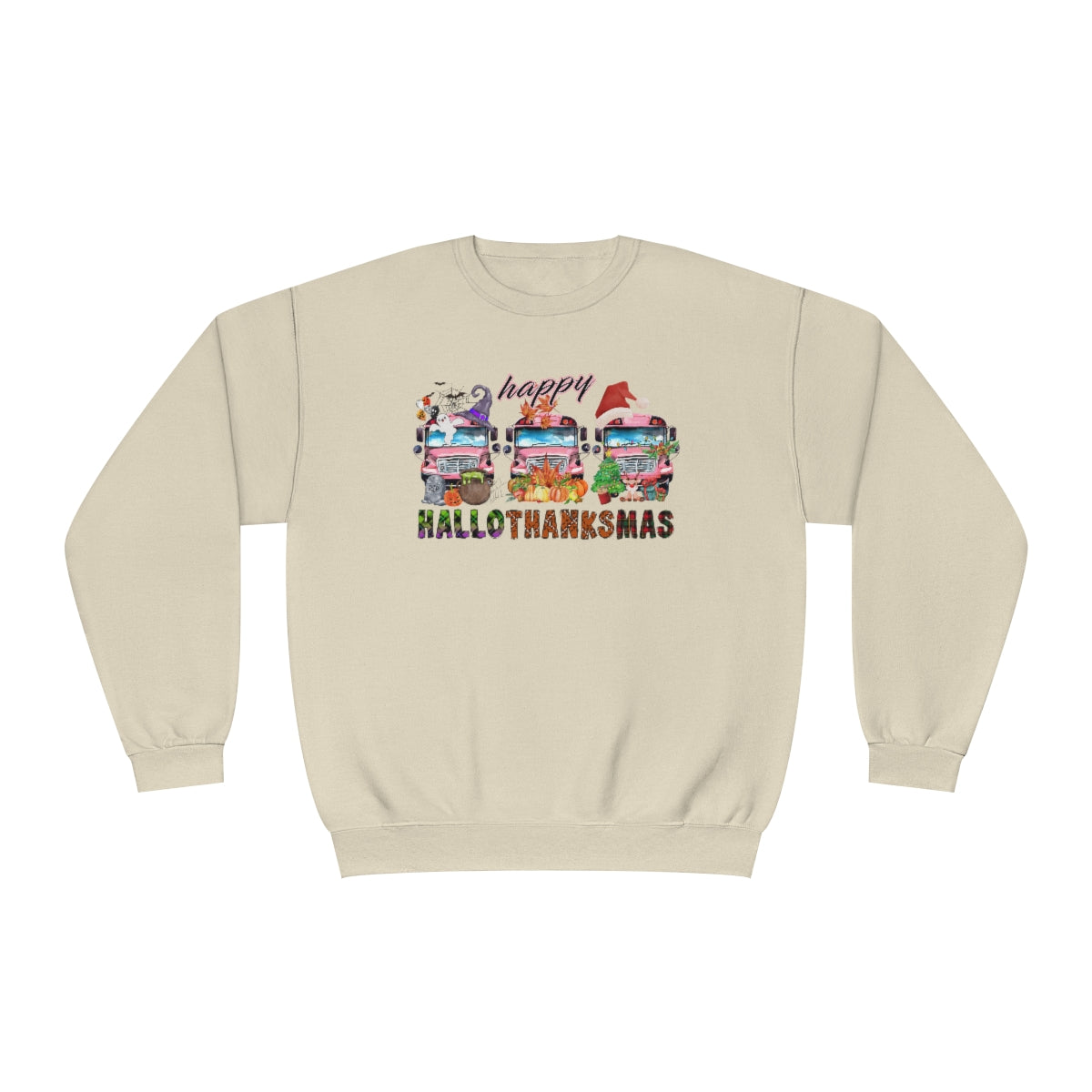 HalloThanksMas - School Bus - Halloween, Thanksgiving, Christmas Teacher Sweatshirt - Sizes S - 3XL