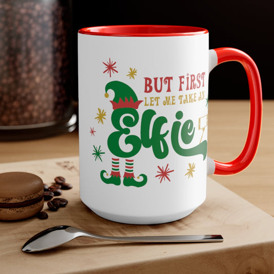 15oz Two Tone Christmas Coffee Mug, Elf Mug, Christmas Mug, Take an Elfie Mug, Merry Christmas Mug