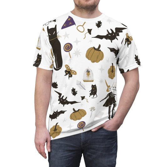 Large Halloween Pattern All Over Print Shirt | Vintage Halloween | Spooky Halloween Shirt | Unisex AOP Shirt | Black Cat Shirt | Skeleton