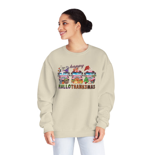 HalloThanksMas - School Bus - Halloween, Thanksgiving, Christmas Teacher Sweatshirt - Sizes S - 3XL