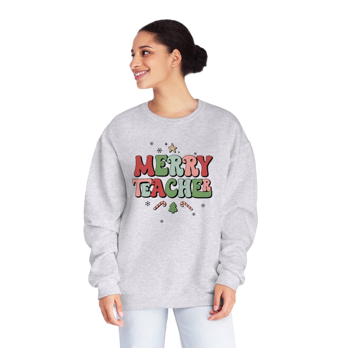 Merry Teacher Hippy Text - Christmas NuBlend® Crewneck Sweatshirt - Size S - 3XL