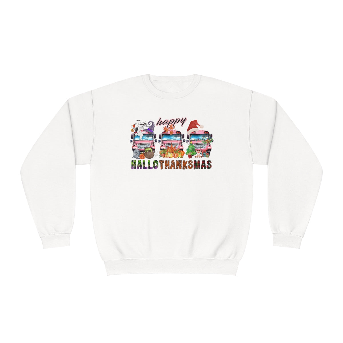 HalloThanksMas - School Bus - Halloween, Thanksgiving, Christmas Teacher Sweatshirt - Sizes S - 3XL