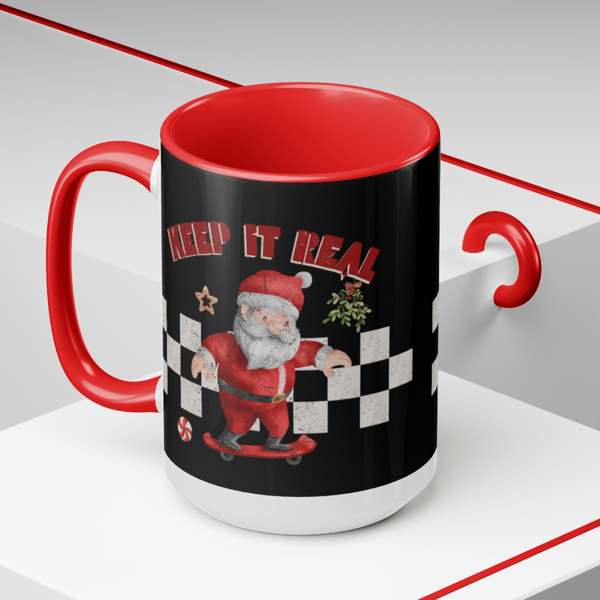 15oz Two Tone Christmas Coffee Mug, Keep It Real Santa Christmas Mug, Santa Mug, Retro Christmas Mug, Merry Christmas Mug