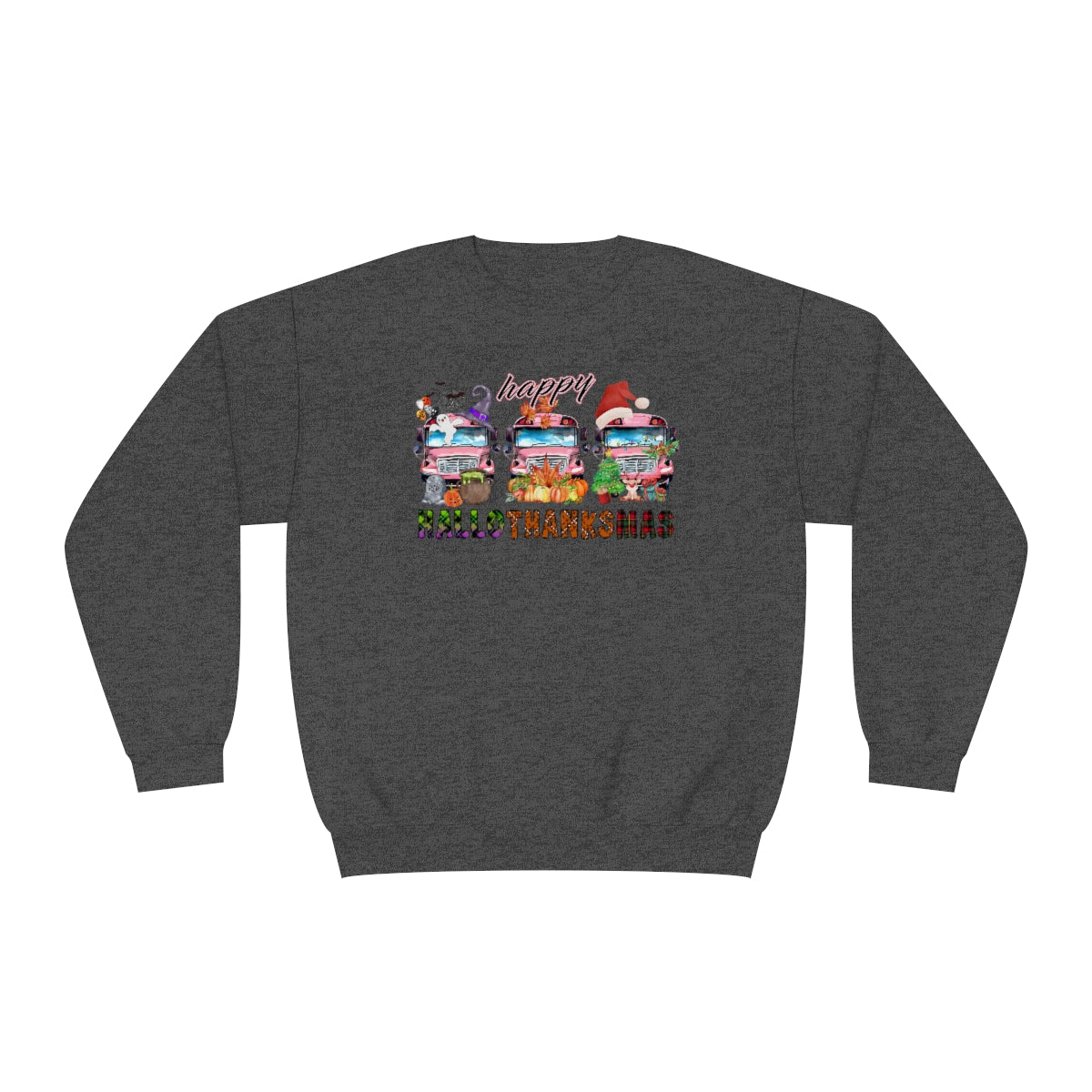 HalloThanksMas - School Bus - Halloween, Thanksgiving, Christmas Teacher Sweatshirt - Sizes S - 3XL