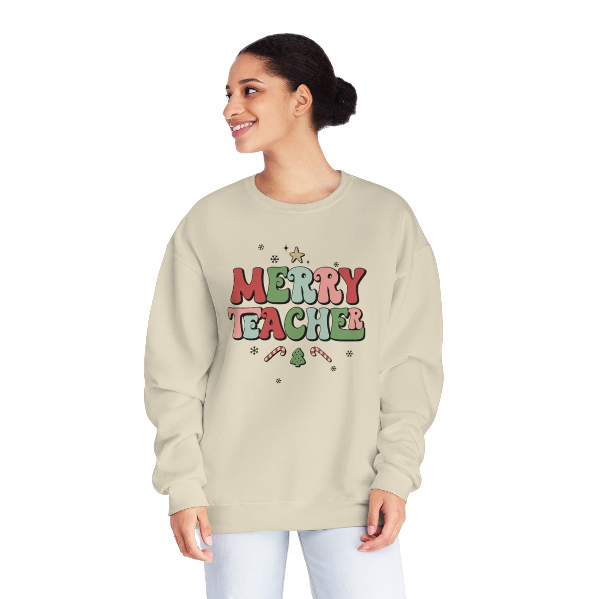 Merry Teacher Hippy Text - Christmas NuBlend® Crewneck Sweatshirt - Size S - 3XL