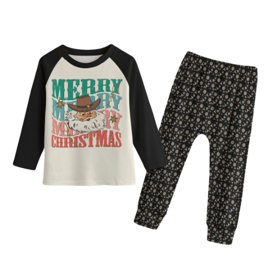 Merry Christmas Santa Matching Family Christmas Pajamas, Cowboy Santa Pajamas, Vintage Christmas Pajamas, Kids Polyester Pajamas