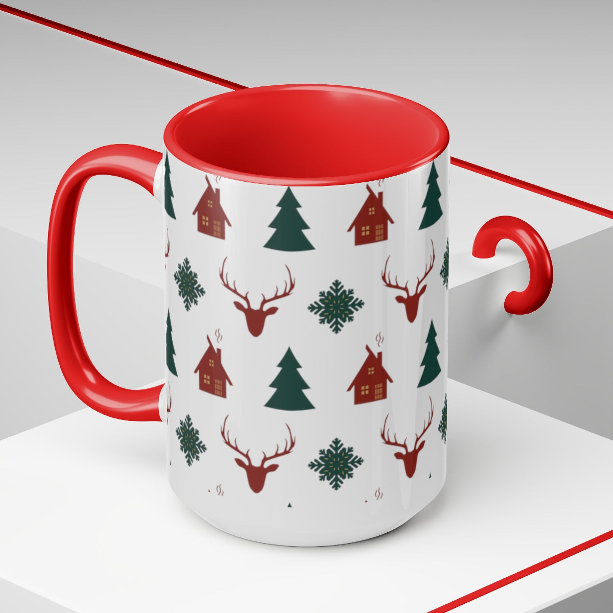 15oz Two Tone Christmas Coffee Mug, Christmas Pattern Coffee Mug, Reindeer Mug, Christmas Tree Mug, Merry Christmas Mug