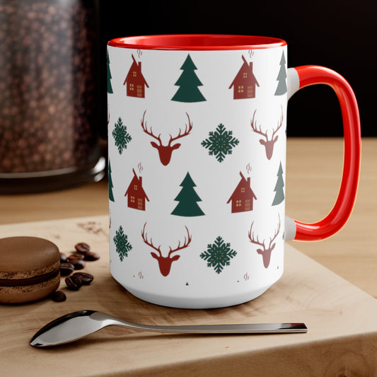 15oz Two Tone Christmas Coffee Mug, Christmas Pattern Coffee Mug, Reindeer Mug, Christmas Tree Mug, Merry Christmas Mug