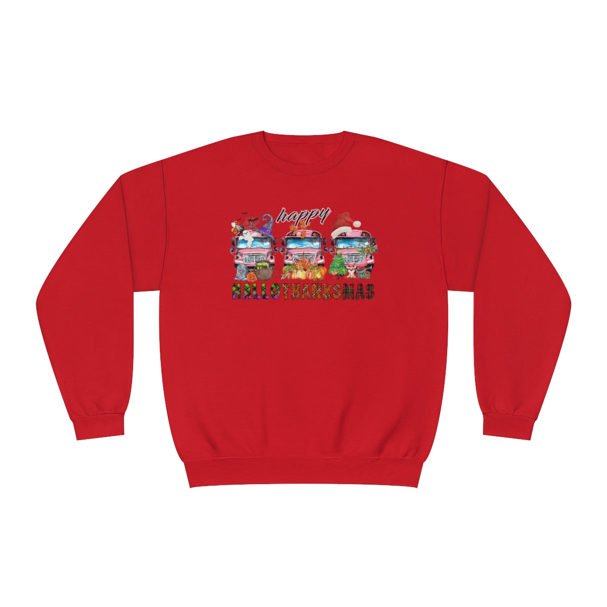 HalloThanksMas - School Bus - Halloween, Thanksgiving, Christmas Teacher Sweatshirt - Sizes S - 3XL