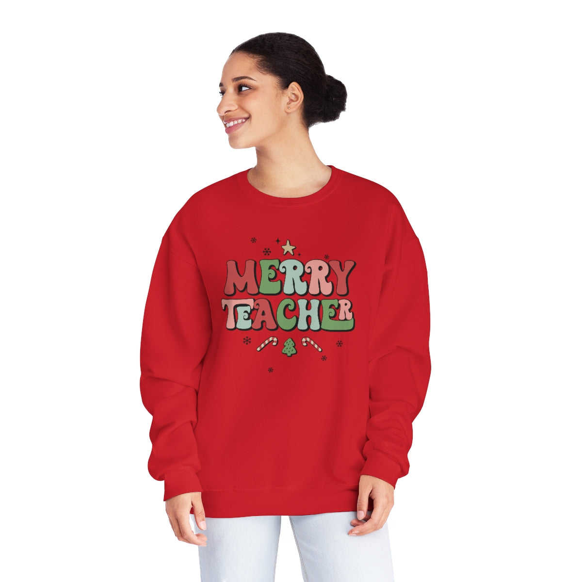 Merry Teacher Hippy Text - Christmas NuBlend® Crewneck Sweatshirt - Size S - 3XL