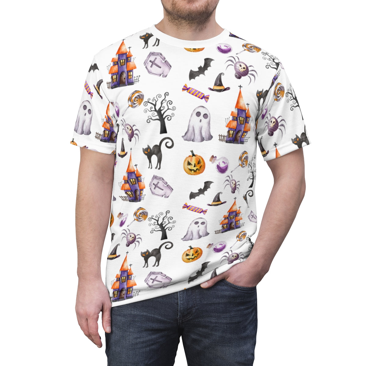 Halloween Pattern All Over Print Shirt | Watercolor Halloween | Spooky Halloween Shirt | Unisex AOP Shirt | Ghost Shirt | Skeleton Shirt